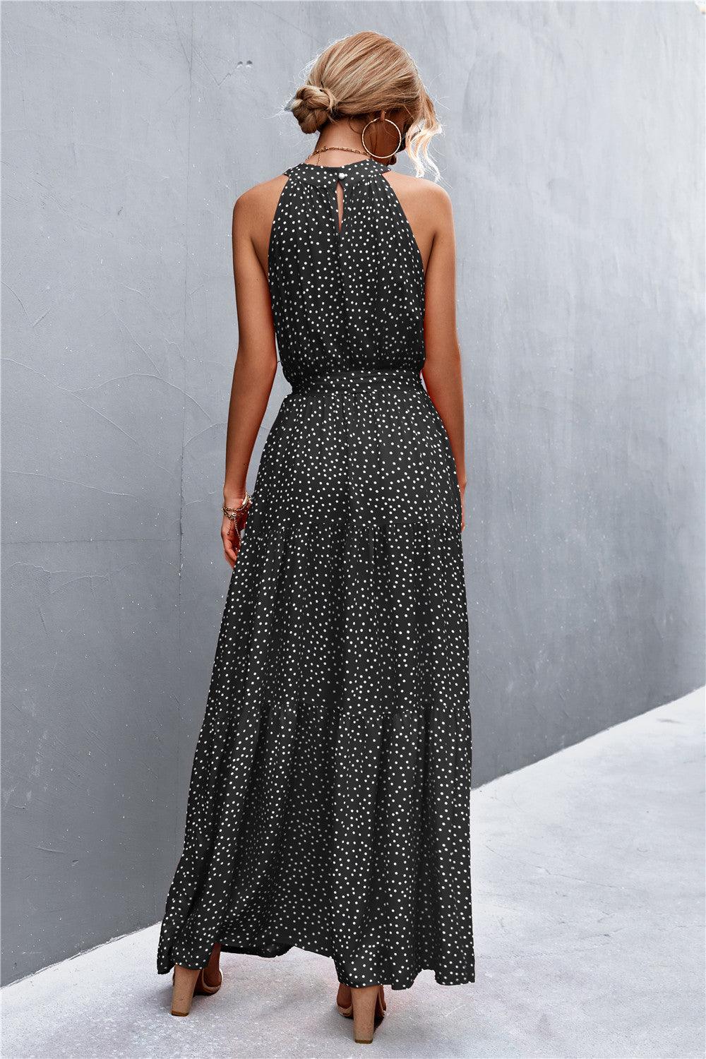 Printed Sleeveless Tie Waist Maxi Dress - Olive Ave