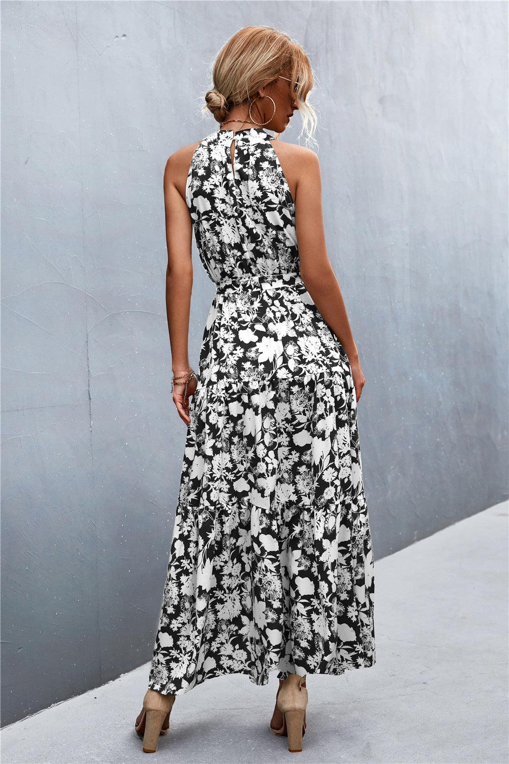 Printed Sleeveless Tie Waist Maxi Dress - Olive Ave