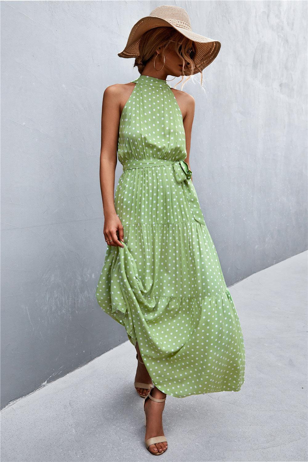 Printed Sleeveless Tie Waist Maxi Dress - Olive Ave