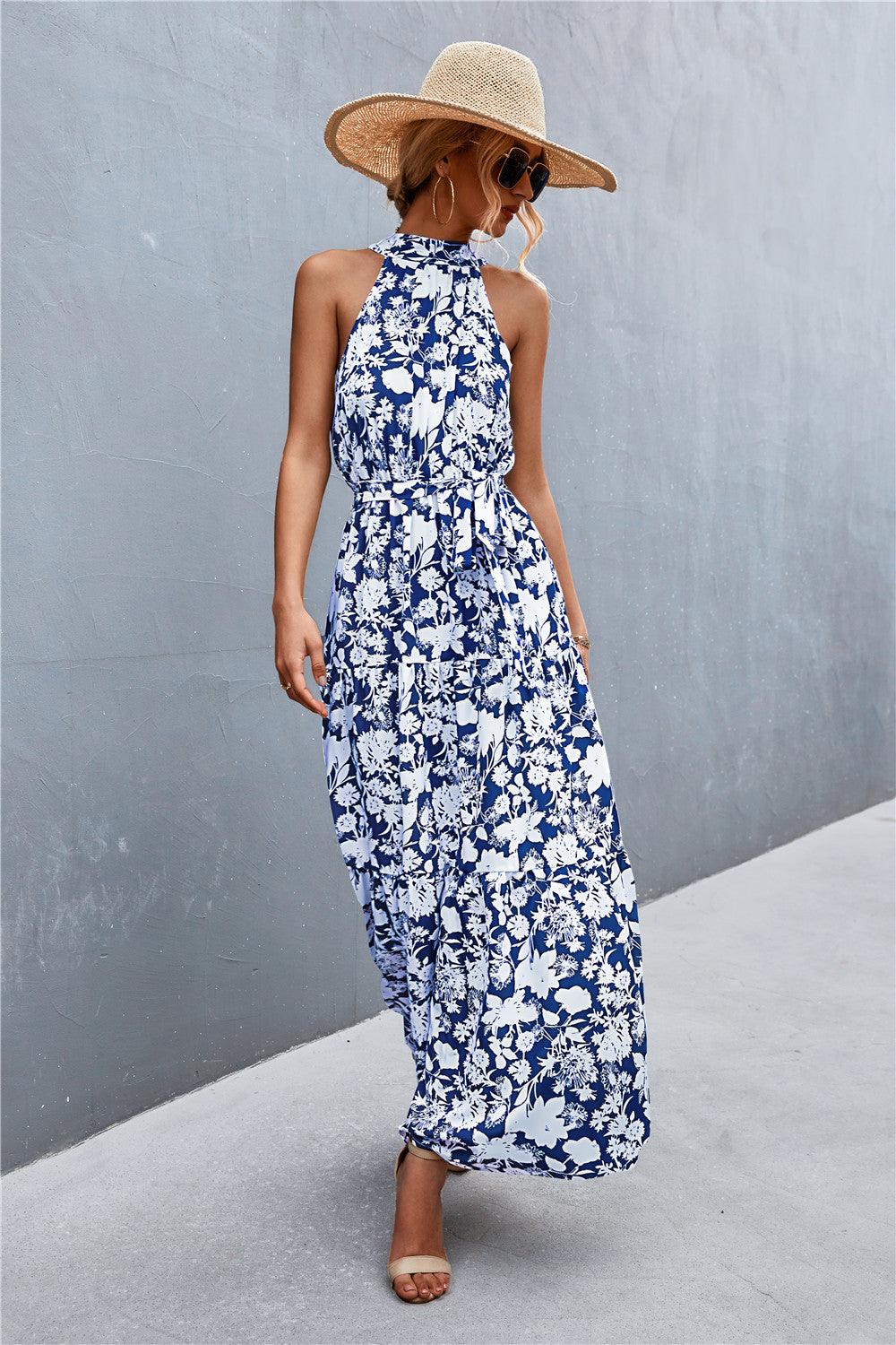 Printed Sleeveless Tie Waist Maxi Dress - Olive Ave