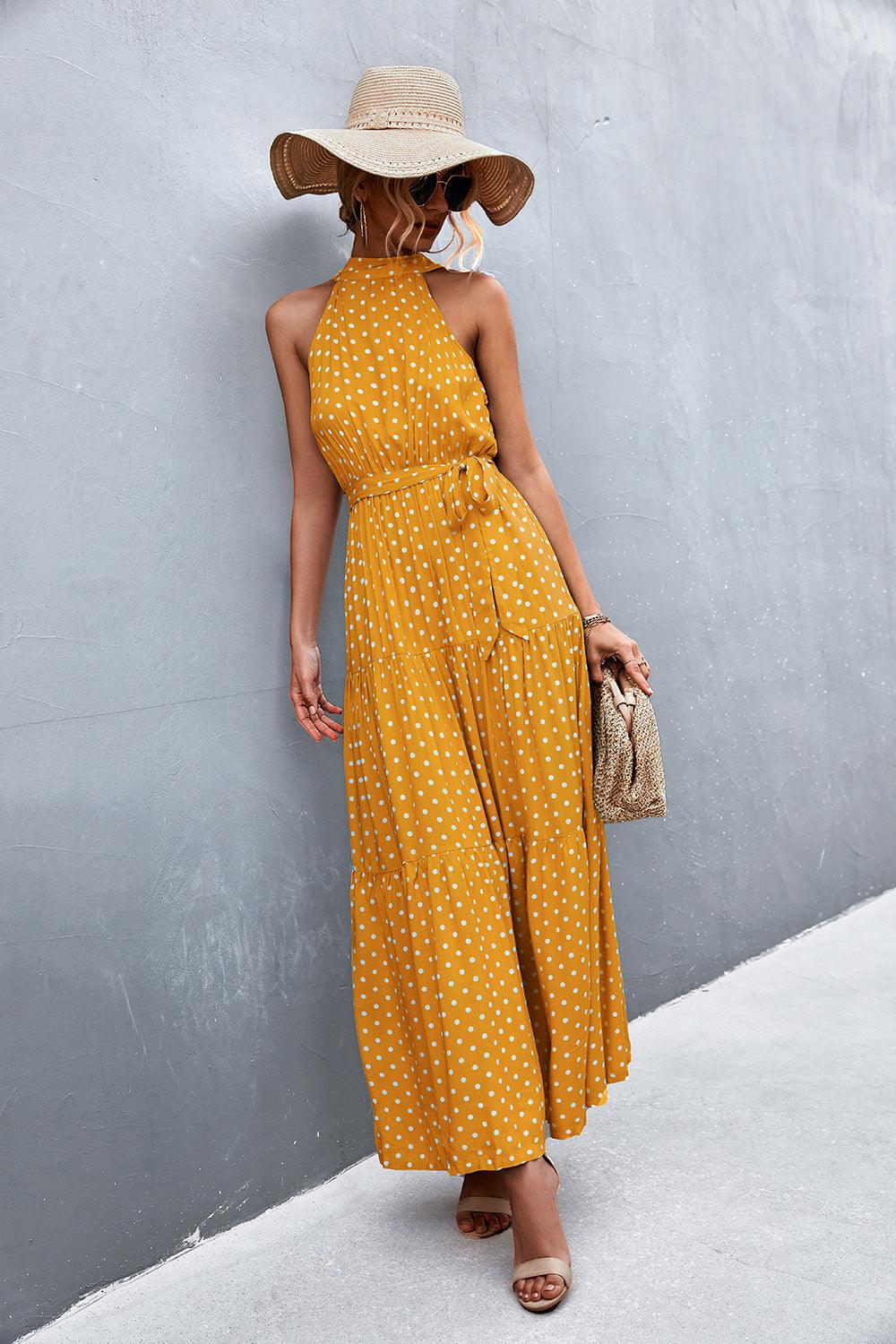 Printed Sleeveless Tie Waist Maxi Dress - Olive Ave