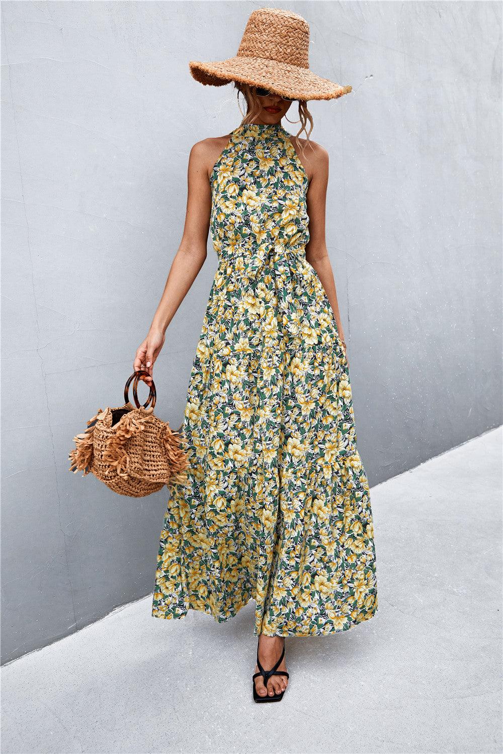 Printed Sleeveless Tie Waist Maxi Dress - Olive Ave