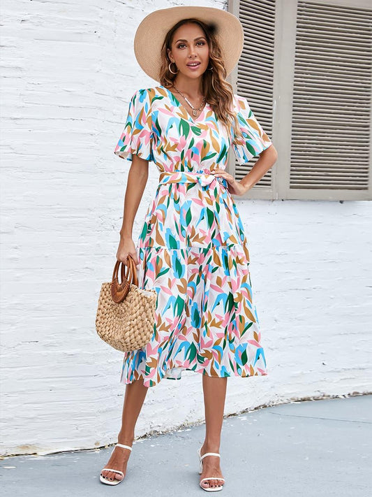 Printed Tie-Waist Flutter Sleeve Dress - Olive Ave