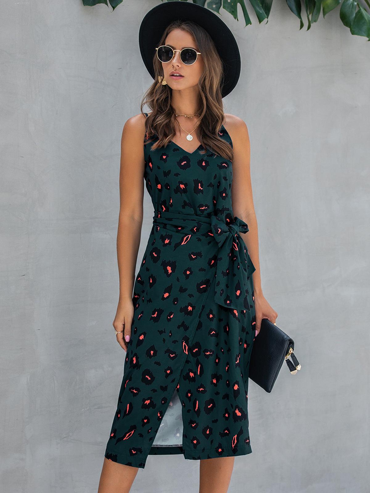 Printed Tie-Waist Spaghetti Strap Dress - Olive Ave