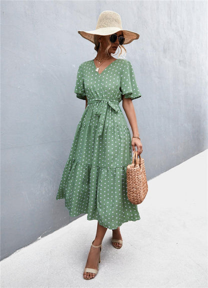 Printed V-Neck Flutter Sleeve Dress - Olive Ave