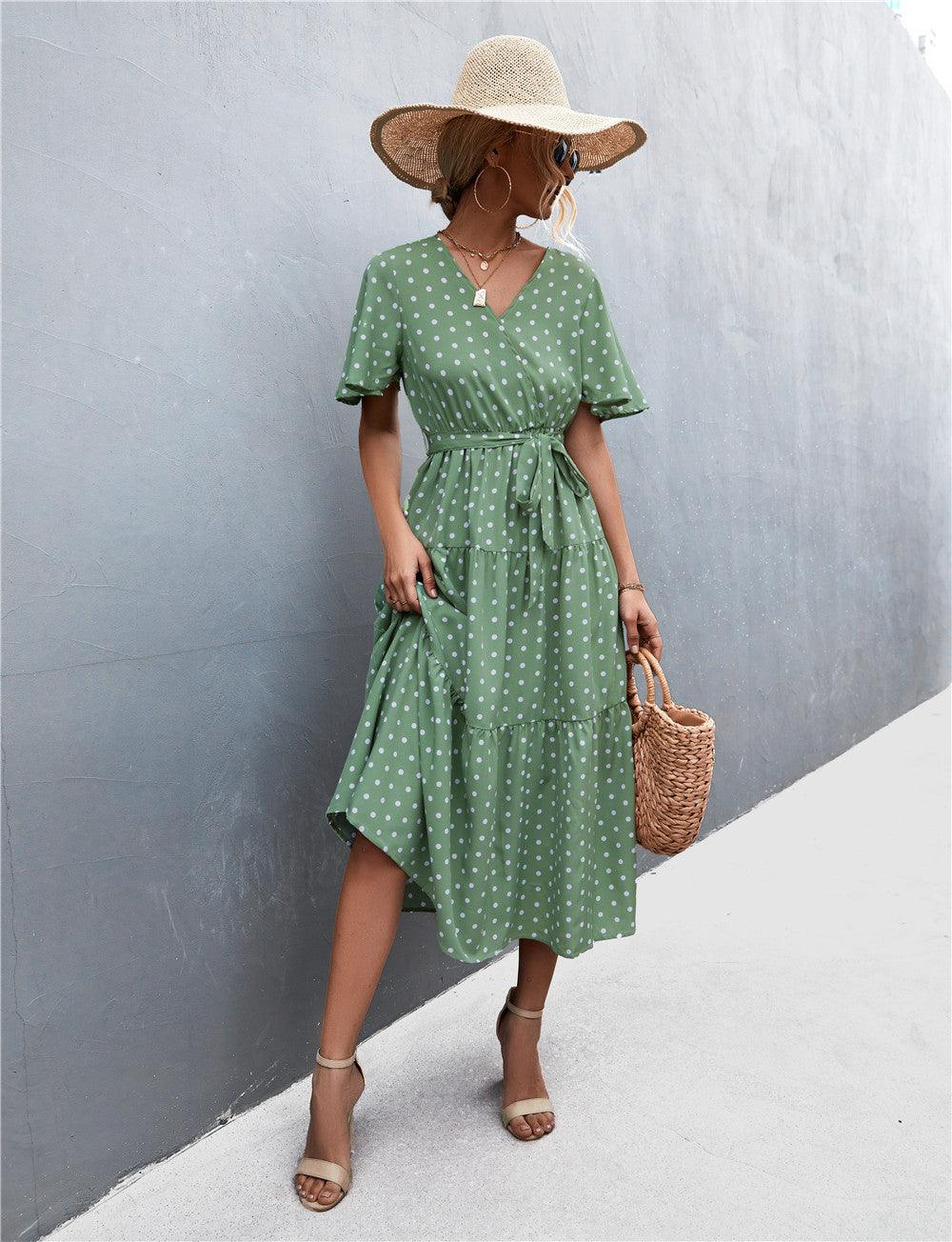 Printed V-Neck Flutter Sleeve Dress - Olive Ave