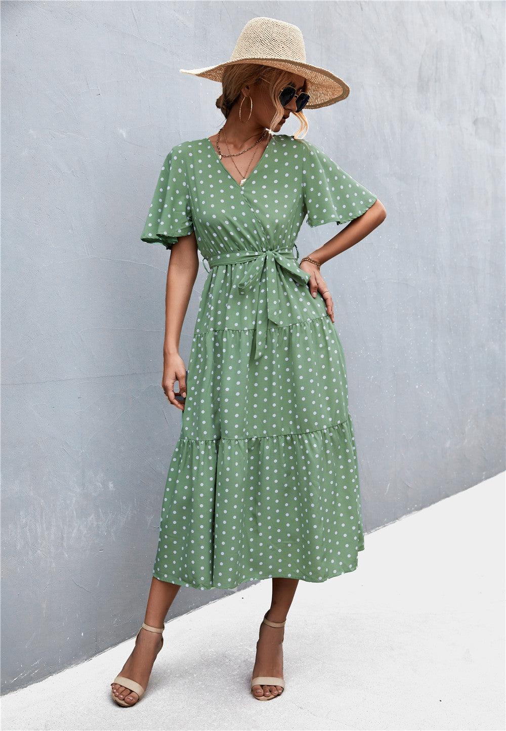 Printed V-Neck Flutter Sleeve Dress - Olive Ave