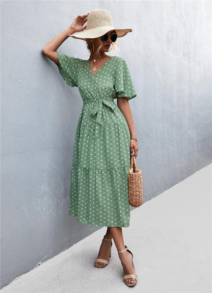 Printed V-Neck Flutter Sleeve Dress - Olive Ave