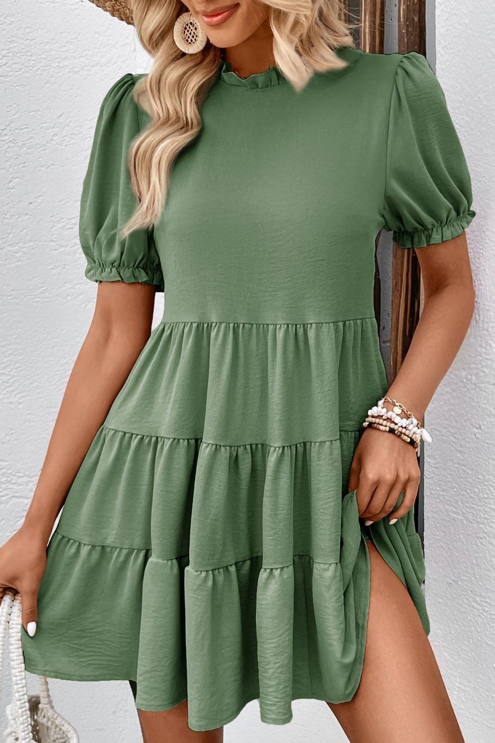 Puff Sleeve Tie Back Tiered Dress - Olive Ave