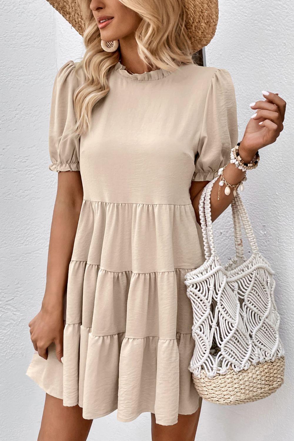 Puff Sleeve Tie Back Tiered Dress - Olive Ave