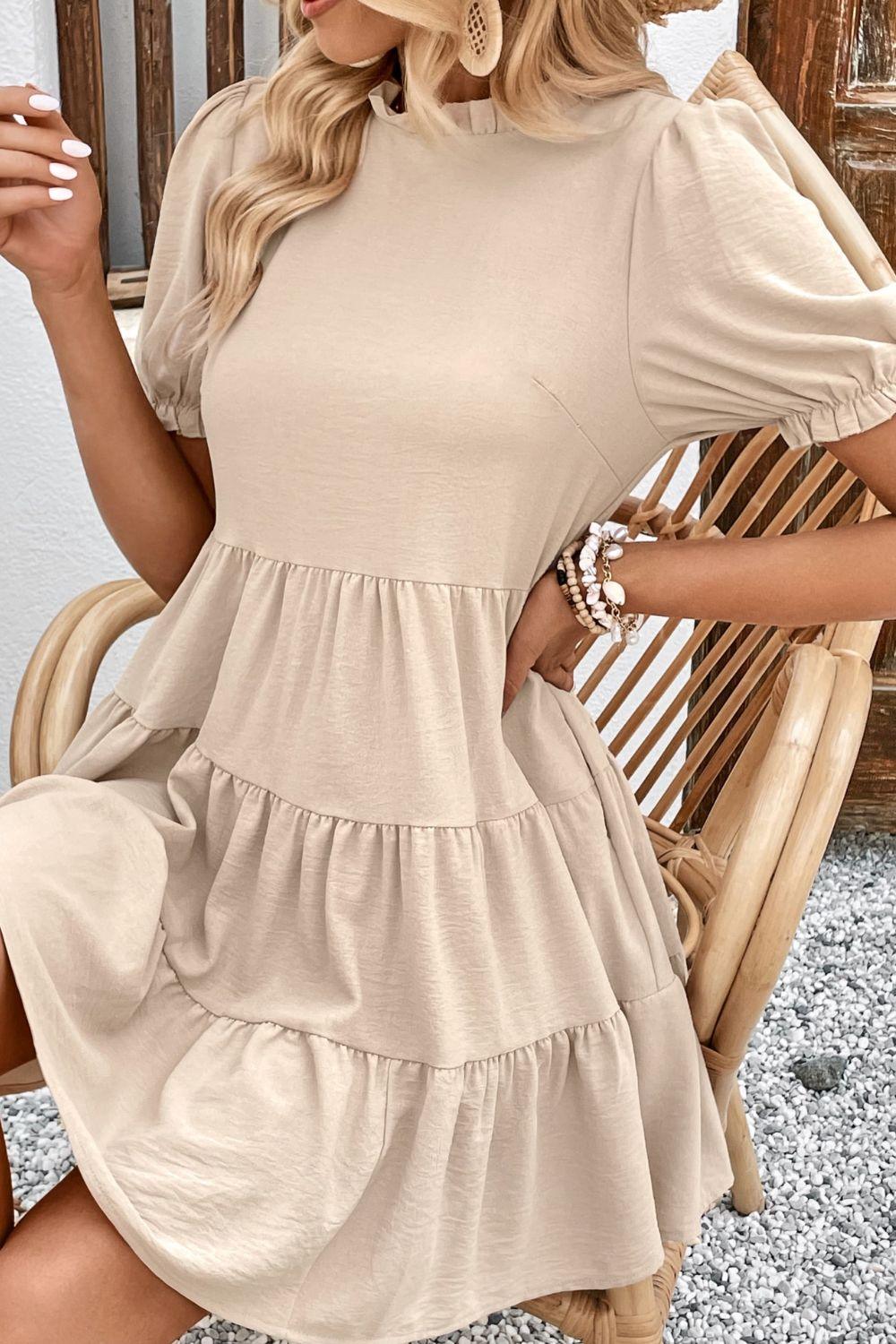 Puff Sleeve Tie Back Tiered Dress - Olive Ave