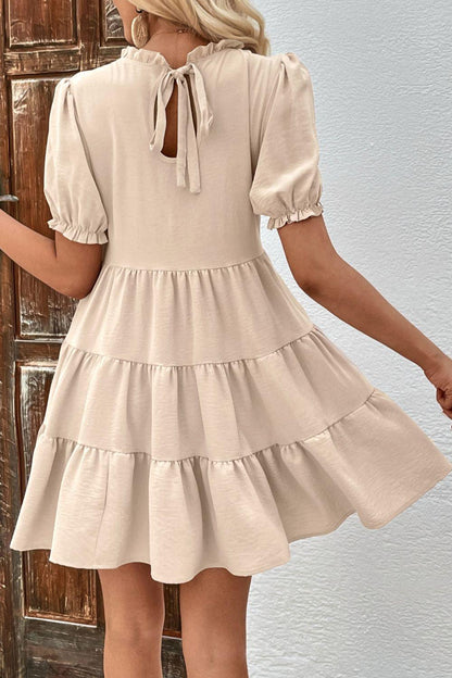 Puff Sleeve Tie Back Tiered Dress - Olive Ave