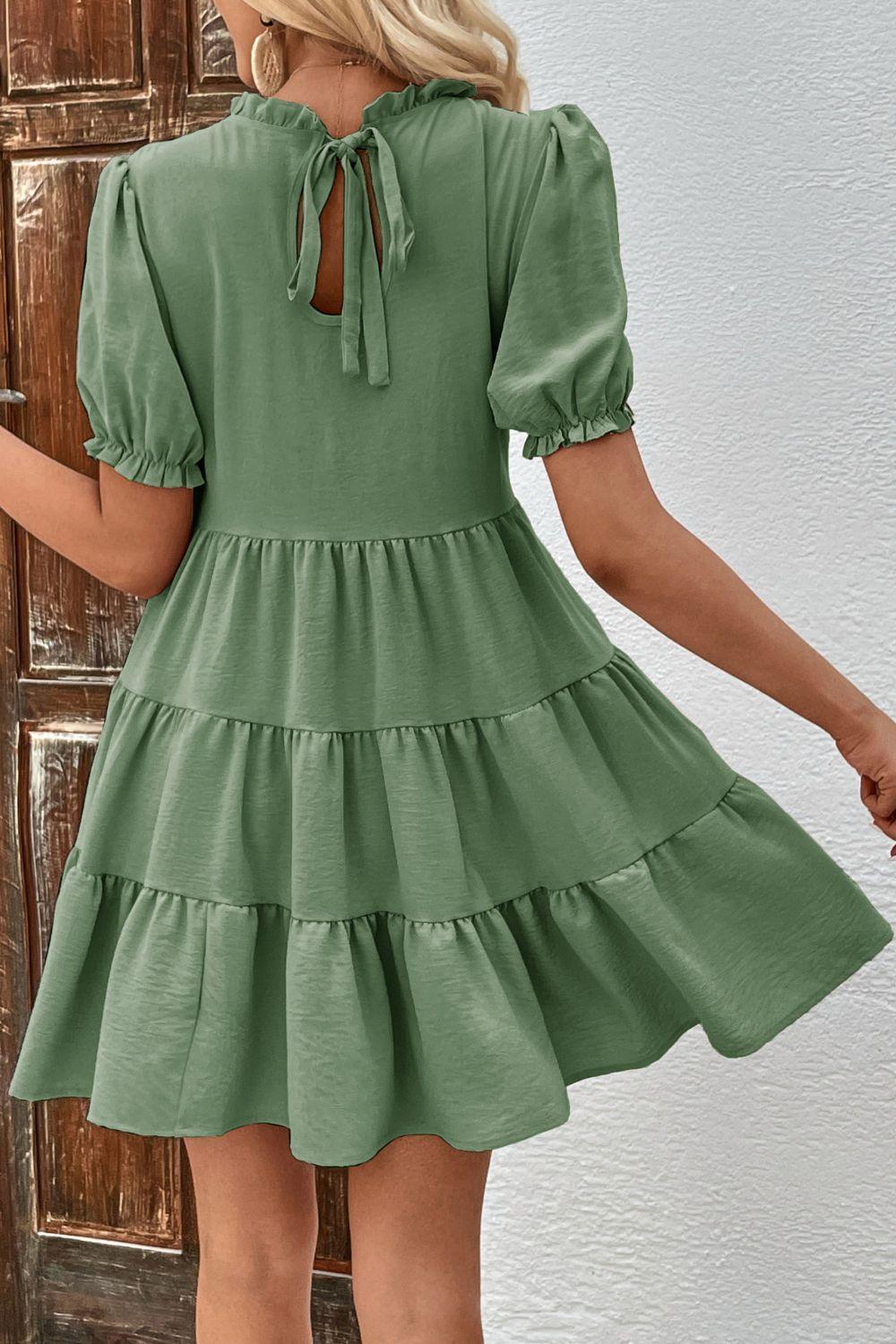 Puff Sleeve Tie Back Tiered Dress - Olive Ave