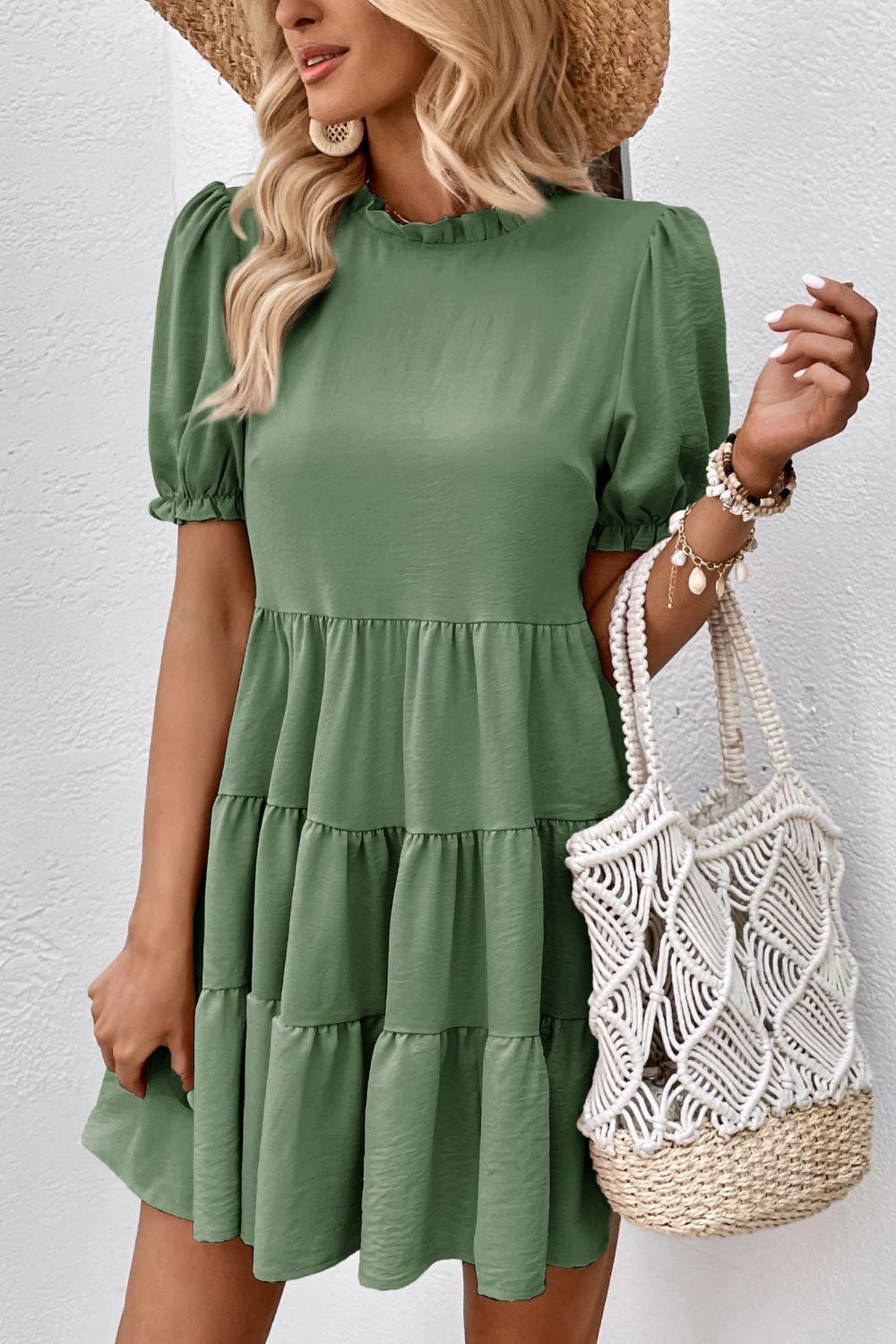 Puff Sleeve Tie Back Tiered Dress - Olive Ave