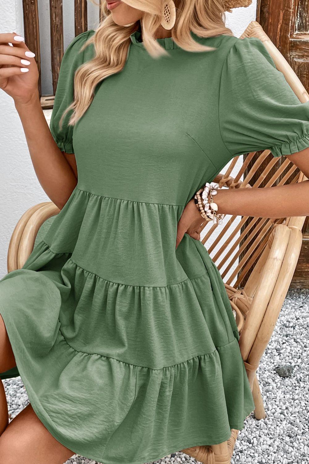 Puff Sleeve Tie Back Tiered Dress - Olive Ave