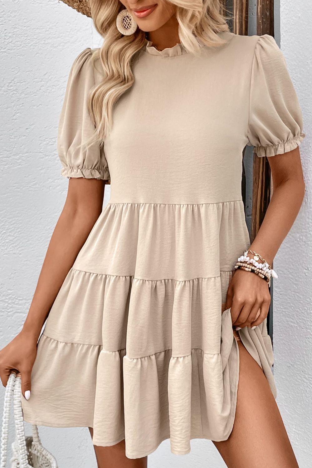 Puff Sleeve Tie Back Tiered Dress - Olive Ave