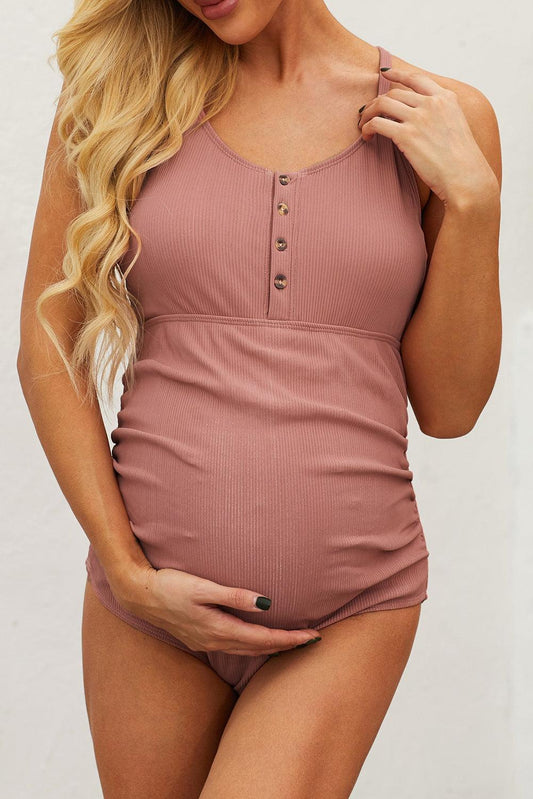 Ribbed Spaghetti Strap One-Piece Maternity Swimsuit - Olive Ave