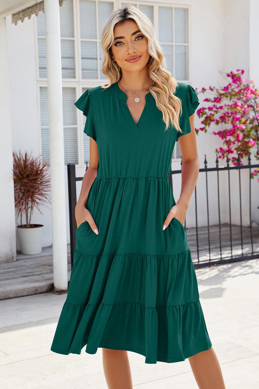 Ruched Notched Cap Sleeve Dress in 6 Colors - Olive Ave