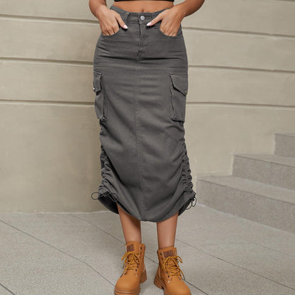 Ruched Slit Denim Midi Skirt - Olive Ave