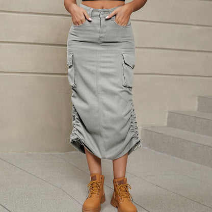 Ruched Slit Denim Midi Skirt - Olive Ave