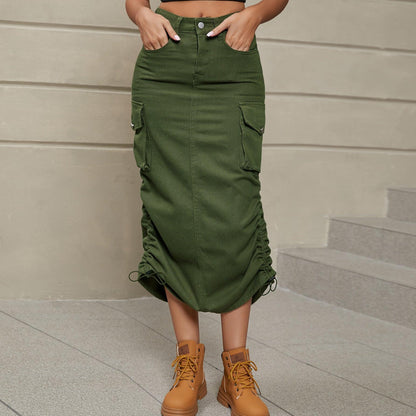 Ruched Slit Denim Midi Skirt - Olive Ave