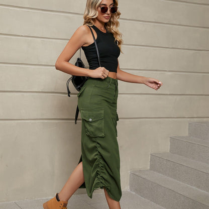 Ruched Slit Denim Midi Skirt - Olive Ave