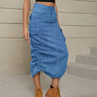 Ruched Slit Denim Midi Skirt - Olive Ave