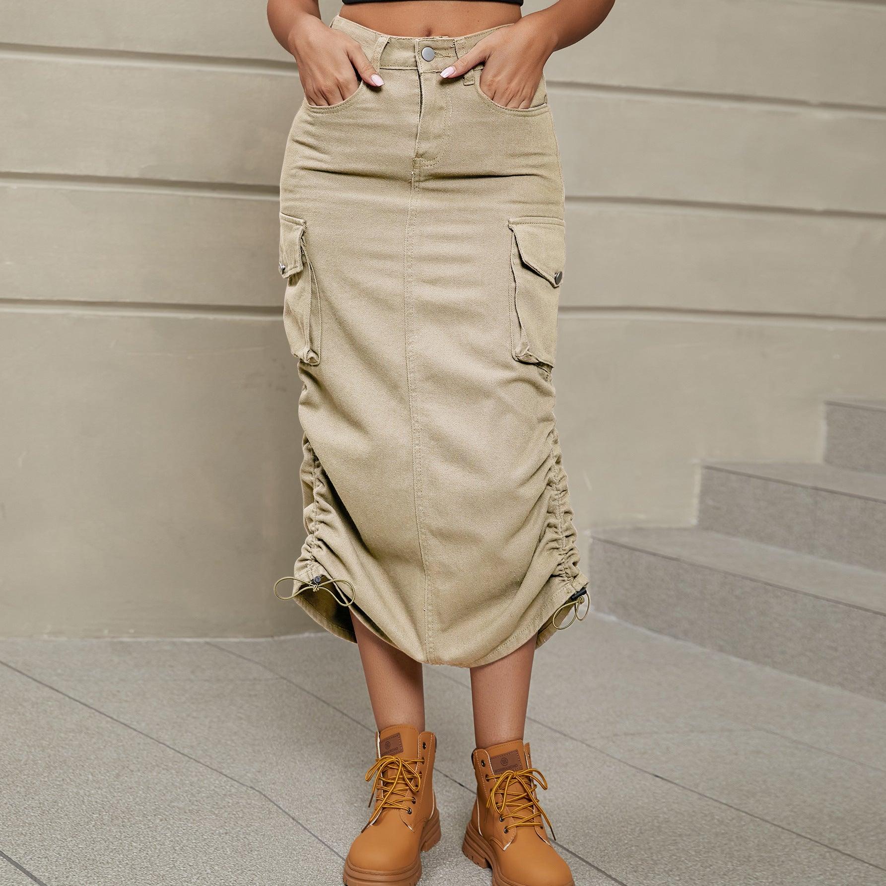 Ruched Slit Denim Midi Skirt - Olive Ave