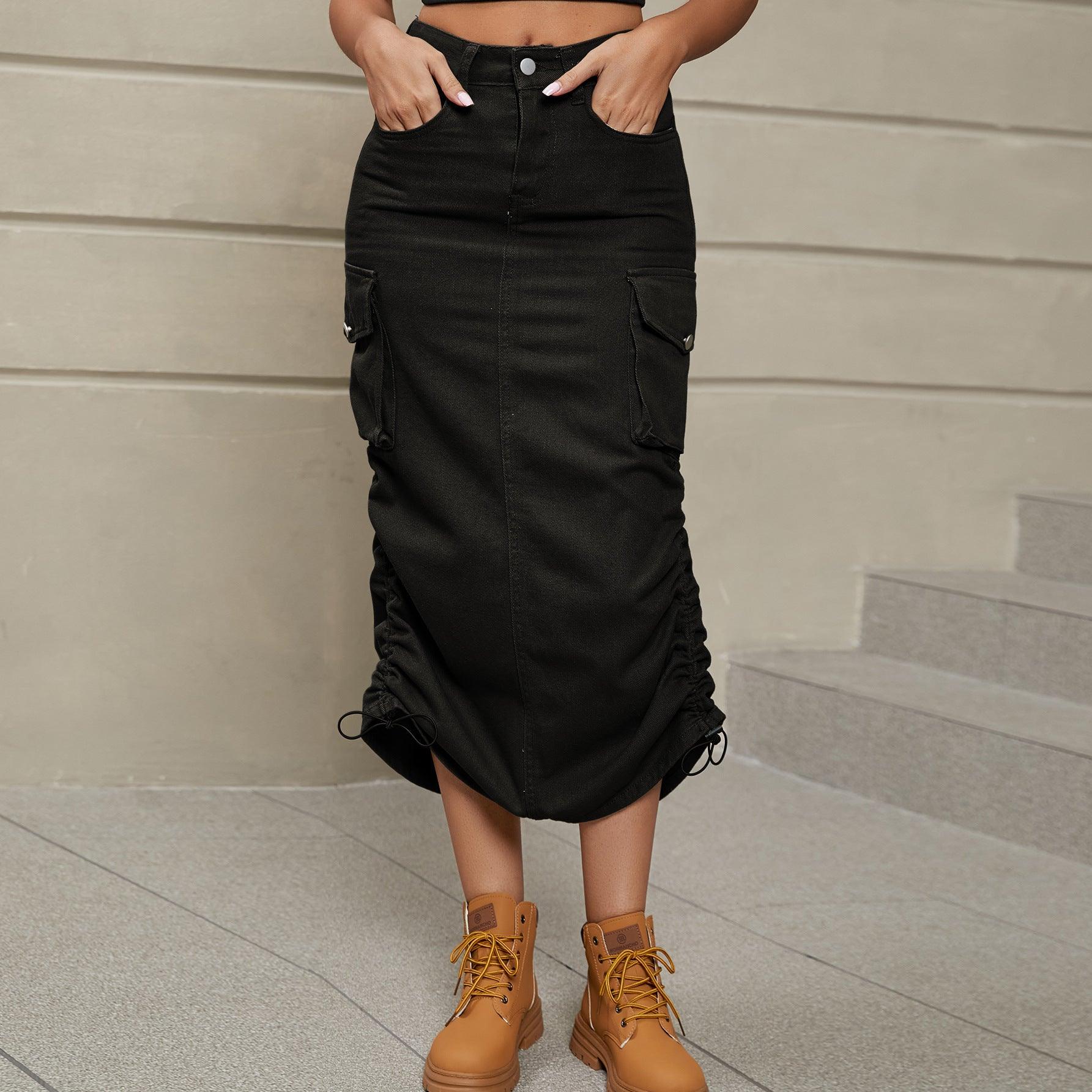 Ruched Slit Denim Midi Skirt - Olive Ave