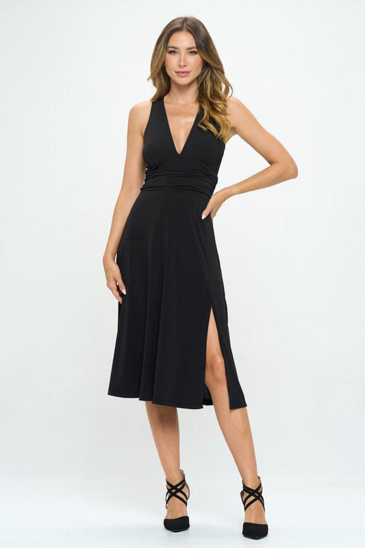 Ruched Waist Sleeveless Slit Dress in 2 Colors - Olive Ave