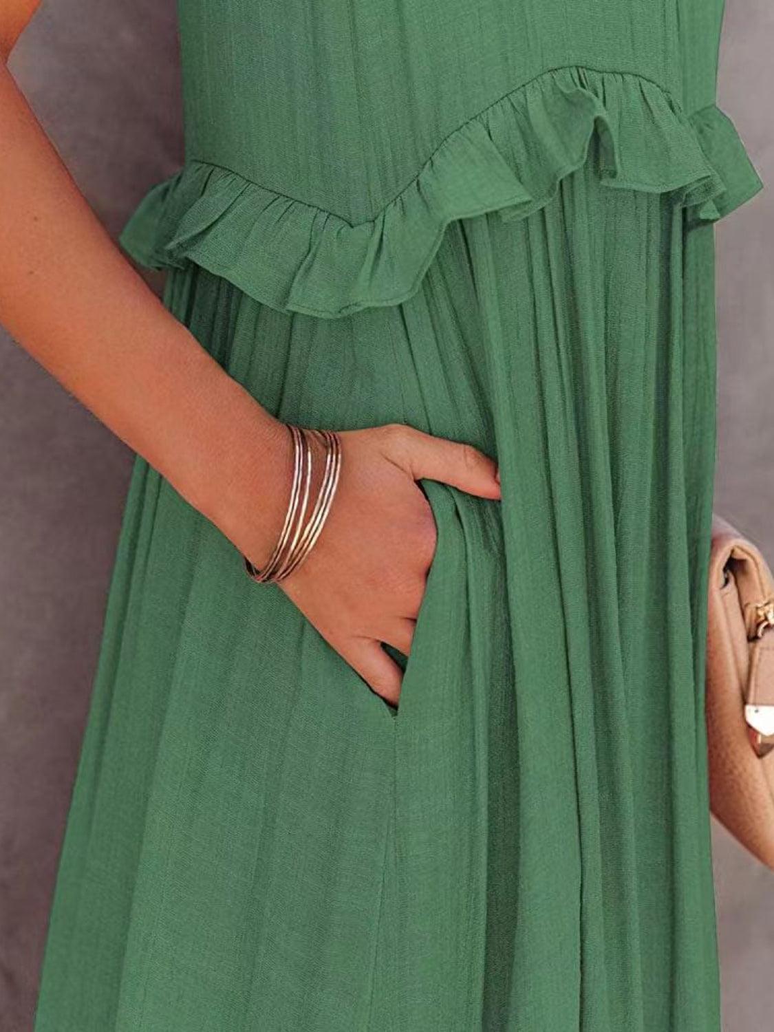 Ruffled Sleeveless Tiered Maxi Dress with Pockets in 8 Colors - Olive Ave
