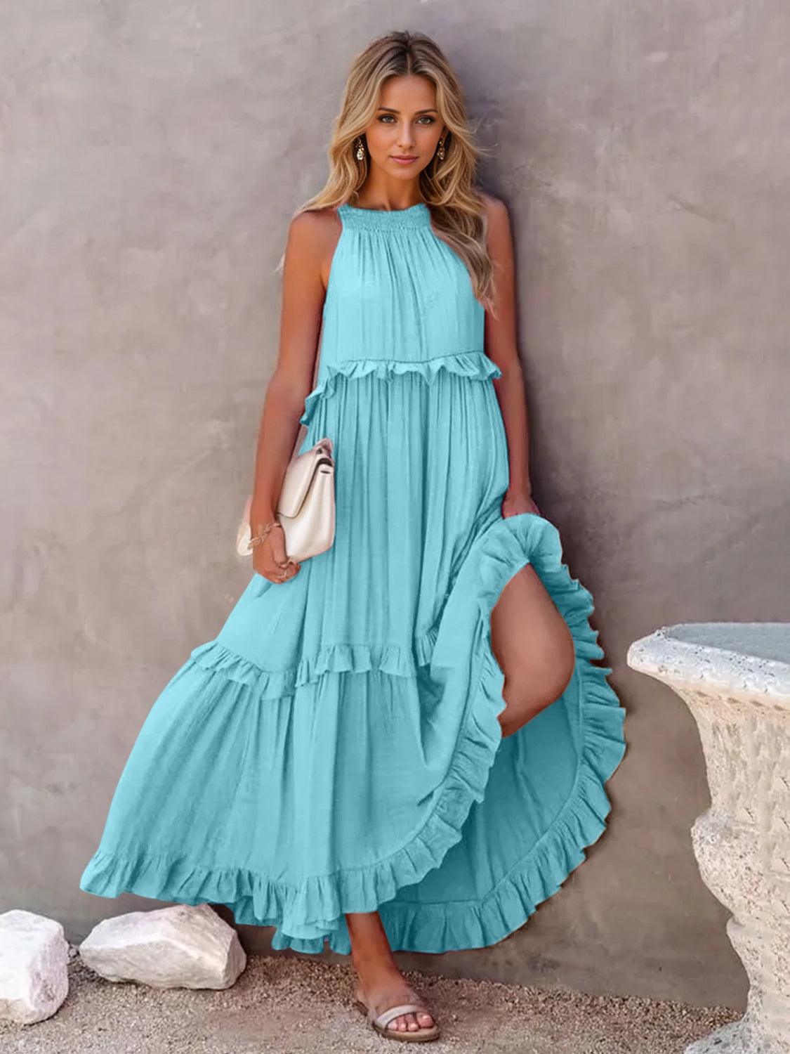 Ruffled Sleeveless Tiered Maxi Dress with Pockets in 8 Colors - Olive Ave