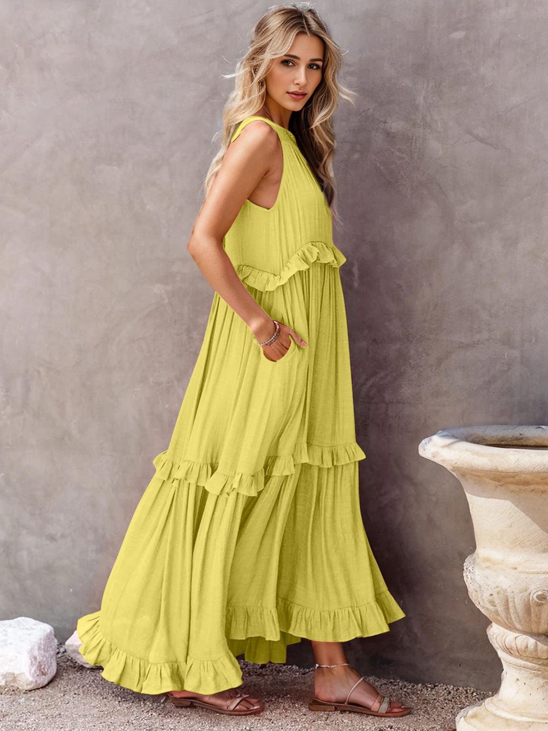 Ruffled Sleeveless Tiered Maxi Dress with Pockets in 8 Colors - Olive Ave