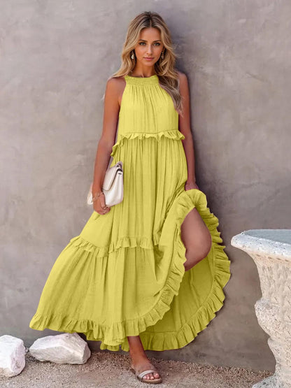 Ruffled Sleeveless Tiered Maxi Dress with Pockets in 8 Colors - Olive Ave