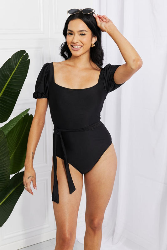 Salty Air Puff Sleeve One-Piece in Black - Olive Ave