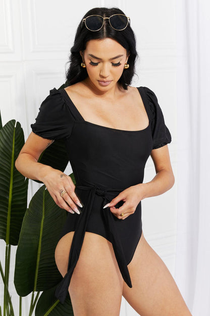 Salty Air Puff Sleeve One-Piece in Black - Olive Ave
