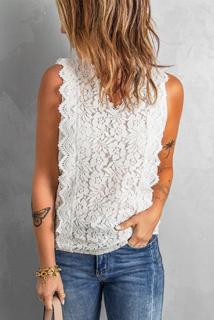 Scalloped V-Neck Lace Tank - Olive Ave