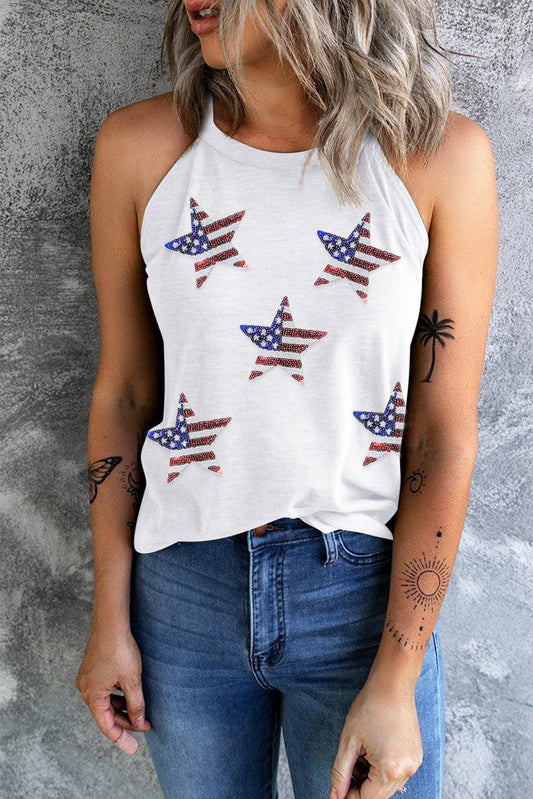 Sequin US Flag Star Grecian Neck Tank - Olive Ave