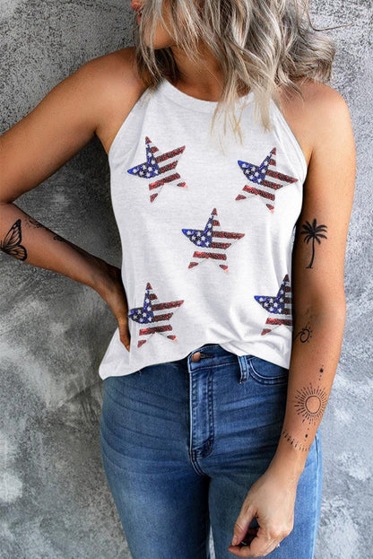 Sequin US Flag Star Grecian Neck Tank - Olive Ave