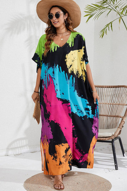 Slit Printed V-Neck Cover Up in 12 Colors - Olive Ave