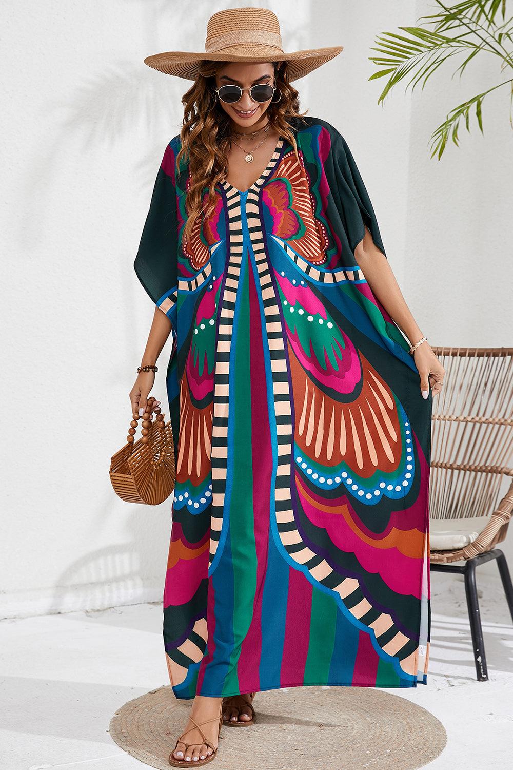 Slit Printed V-Neck Cover Up in 12 Colors - Olive Ave