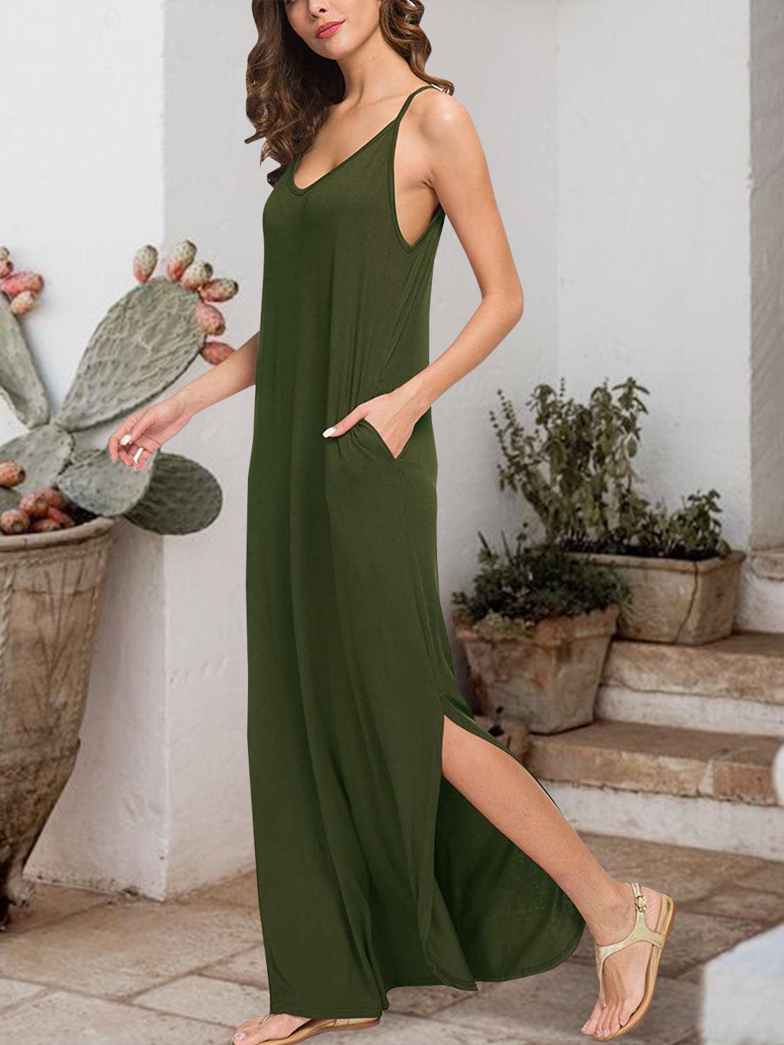 Slit Scoop Neck Sleeveless Dress in 3 Colors - Olive Ave