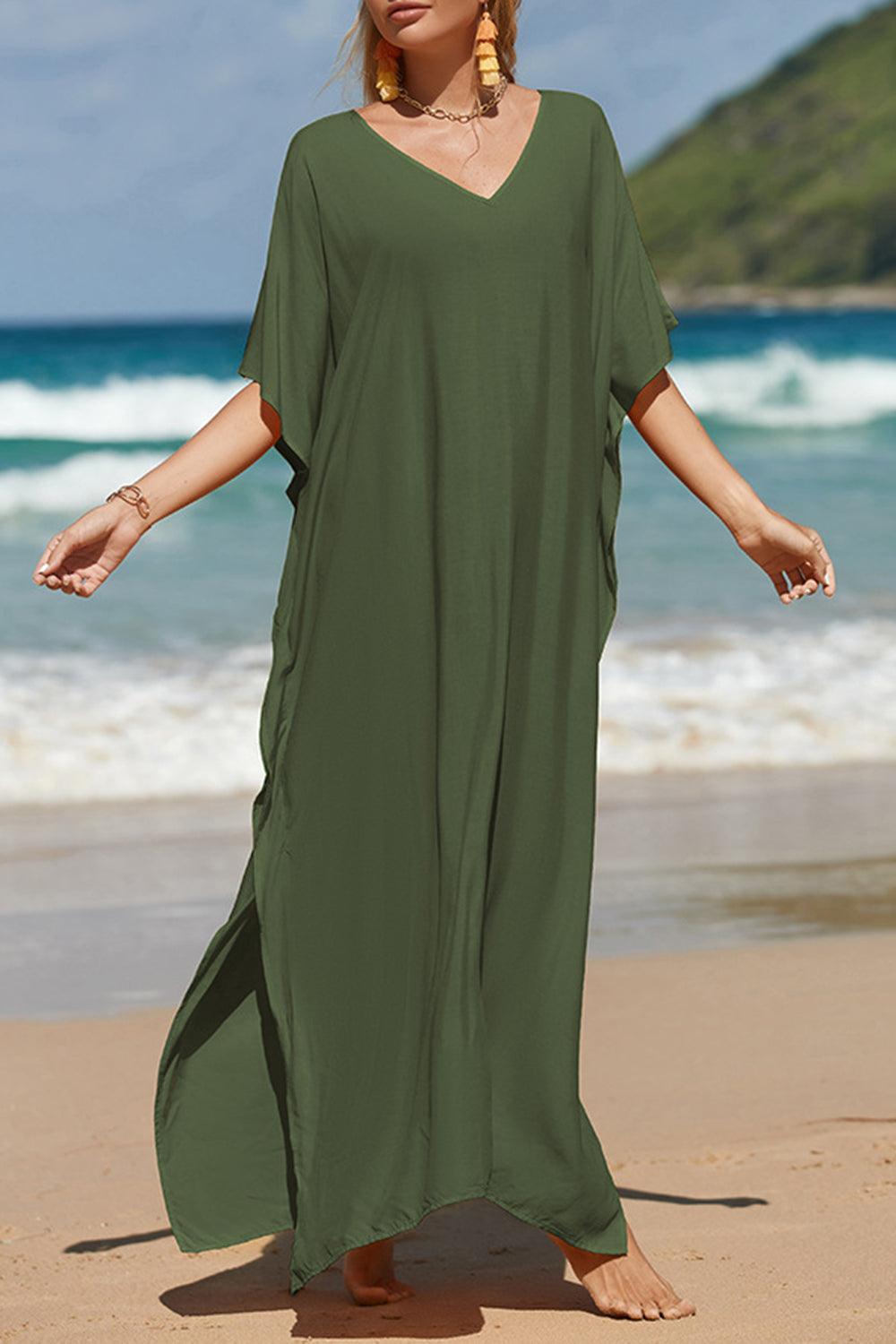 Slit V-Neck Half Sleeve Cover-Up in 5 Colors - Olive Ave