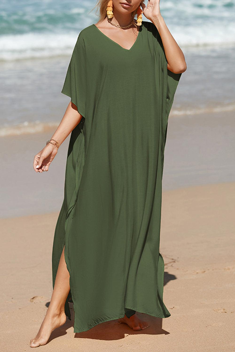 Slit V-Neck Half Sleeve Cover-Up in 5 Colors - Olive Ave