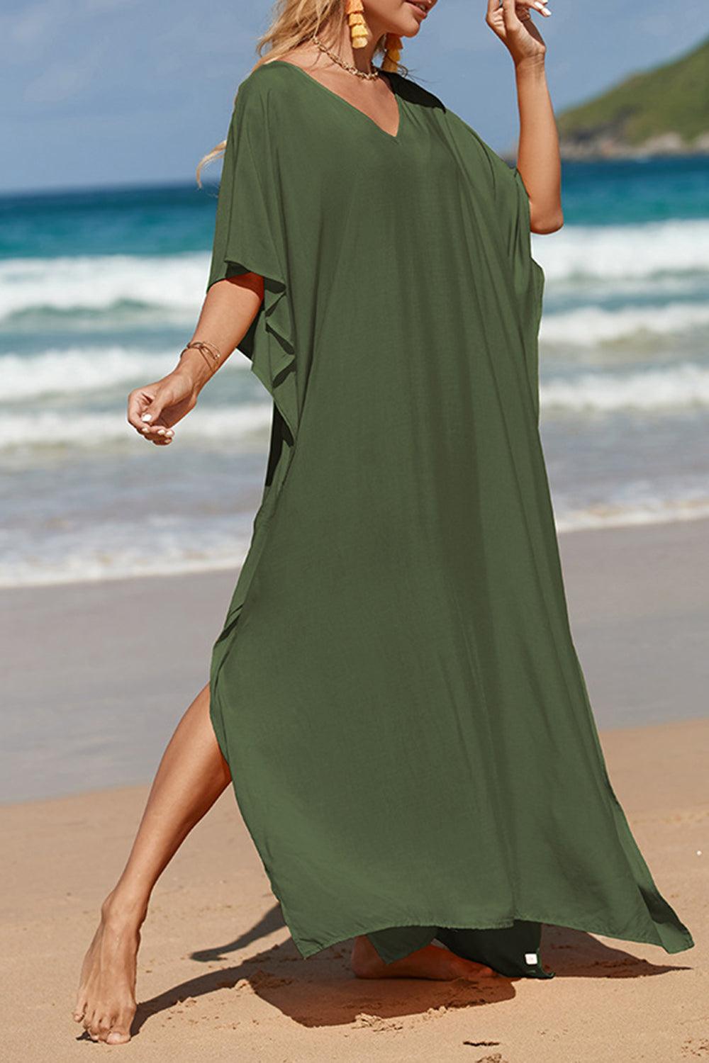 Slit V-Neck Half Sleeve Cover-Up in 5 Colors - Olive Ave