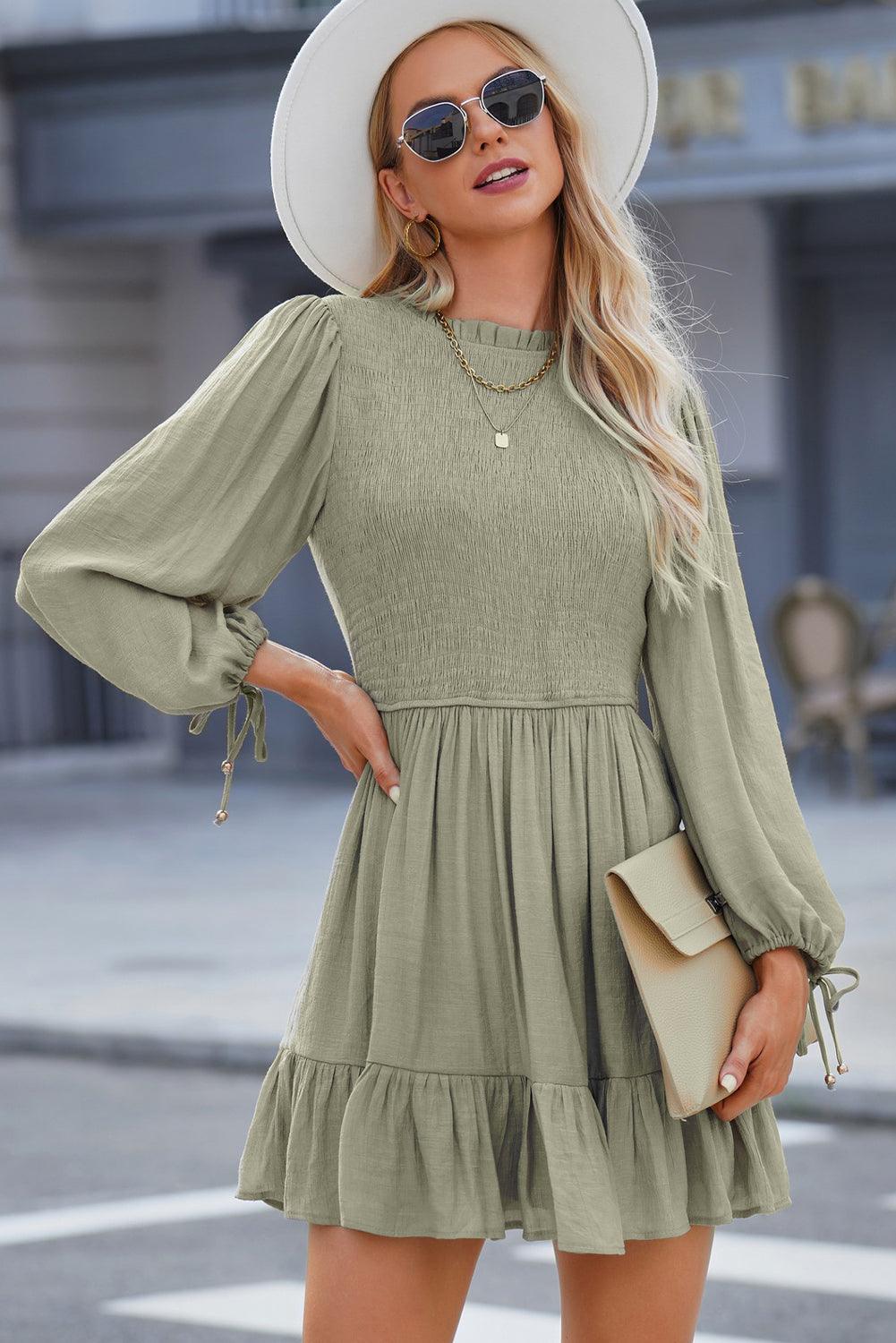 Smocked Balloon Sleeve Mini Dress - Olive Ave