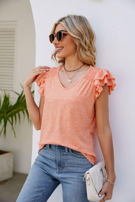 Smocked Flutter Sleeve V-Neck Top in 6 Colors - Olive Ave