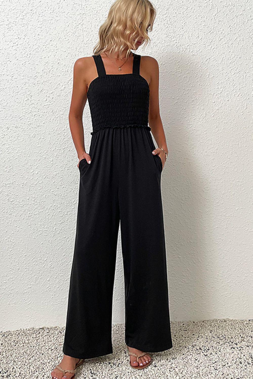 Smocked Sleeveless Jumpsuit - Olive Ave