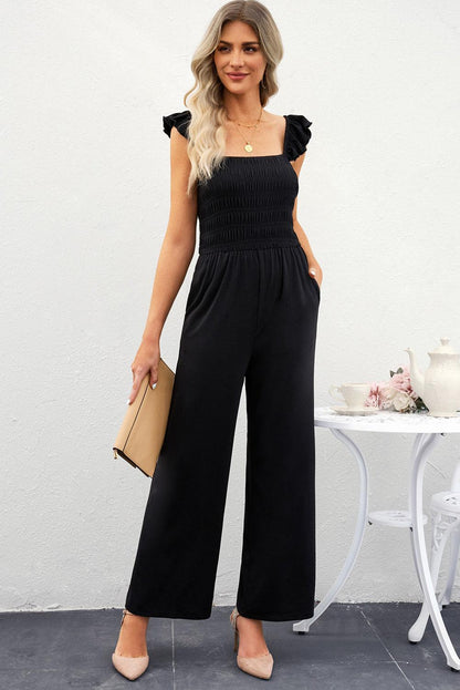 Smocked Wide Leg Jumpsuit with Pockets - Olive Ave