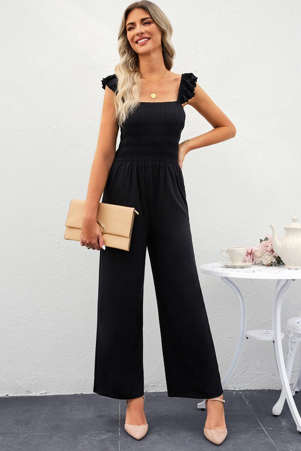 Smocked Wide Leg Jumpsuit with Pockets - Olive Ave